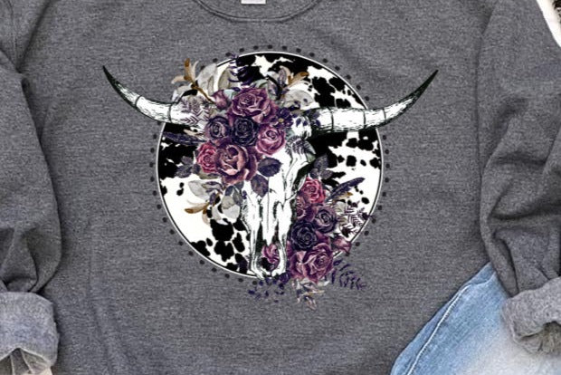 Western Cow Skull T-Shirt and Sweatshirt - Rustic Country Style .