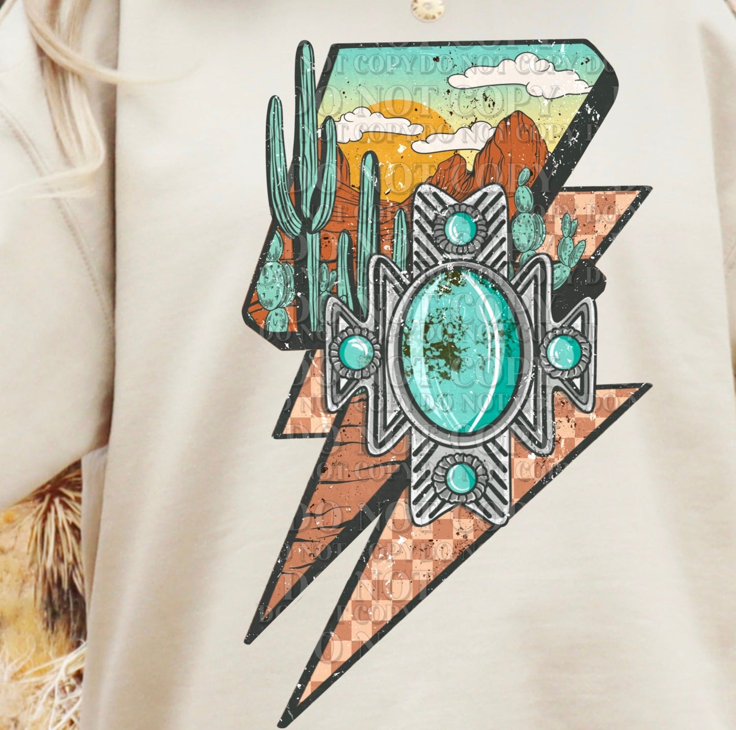T-Shirt Or Sweatshirt  Western Roystone Boho turquoise lighting bolt .