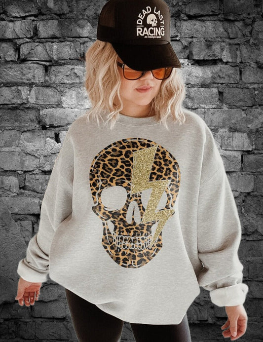 T-Shirt Or Sweatshirt Hoodie   Leopard print skull with lighting .