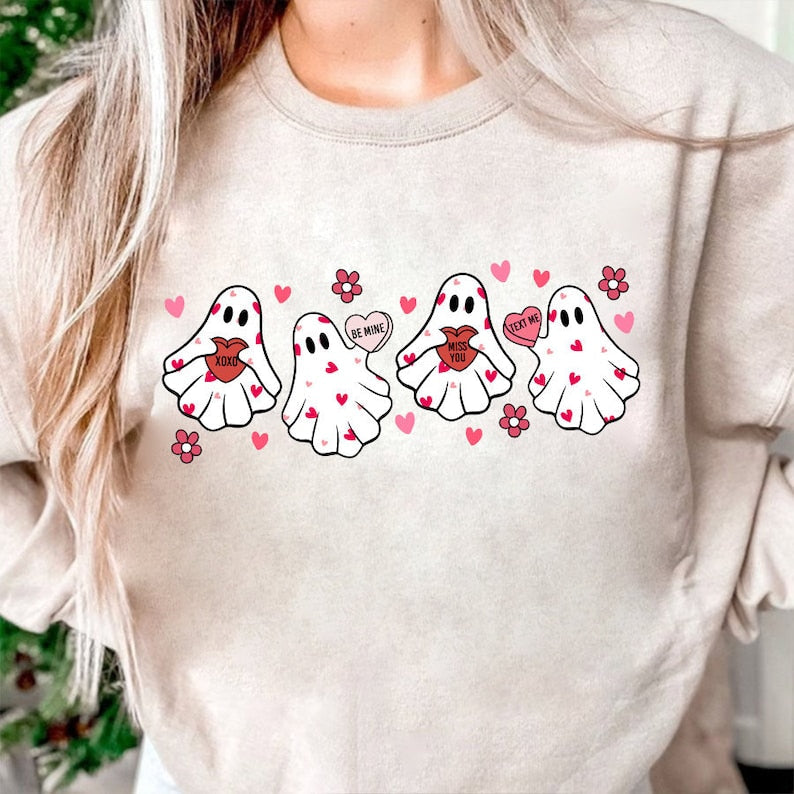 Valentines Ghost Hearts Sweater or T-Shirt - Cute Cozy for the Holiday Season .