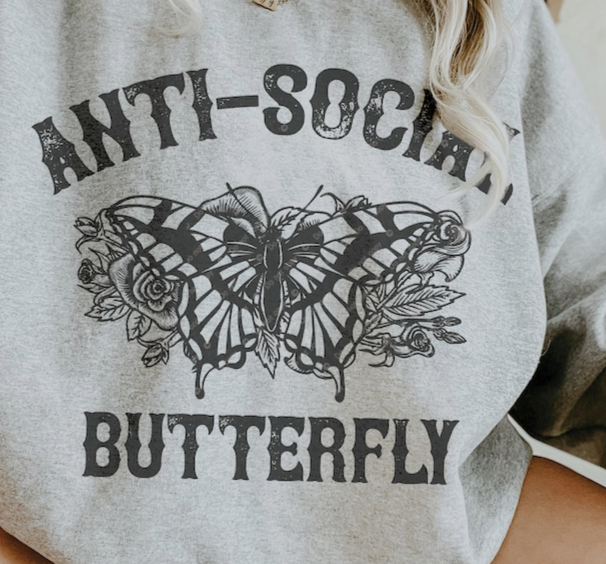 Anti-Social Butterfly T-Shirt Sweatshirt for Mental Health Awareness .