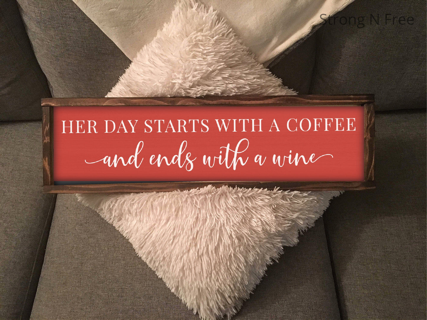 Wooden Sign Her Day Starts With A Coffee & Ends With A Wine - Hand Painted Wood Wall Decor Sign with Frame - Country Music Lyrics