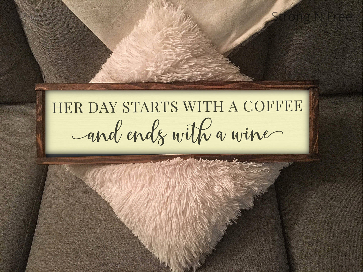 Wooden Sign Her Day Starts With A Coffee & Ends With A Wine - Hand Painted Wood Wall Decor Sign with Frame - Country Music Lyrics