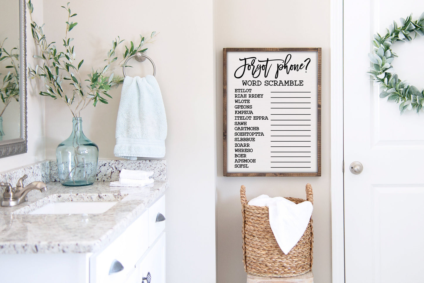 Bathroom word search, Forgot your phone bathroom sign, Funny bathroom wall art, Wood sign home