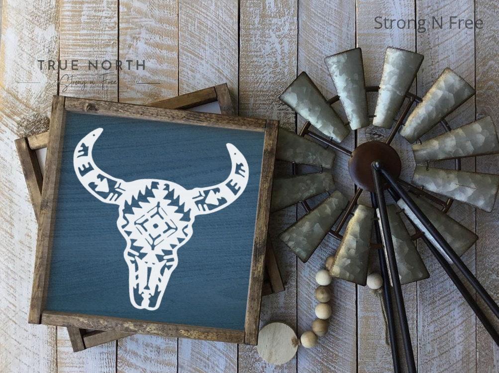 Aztec Bull Wood Sign | Boho Decor | Country Farmhouse | Bathroom Sign | Western Decor | Cow Head | Rustic | Bull Head | Cowboy Decor |
