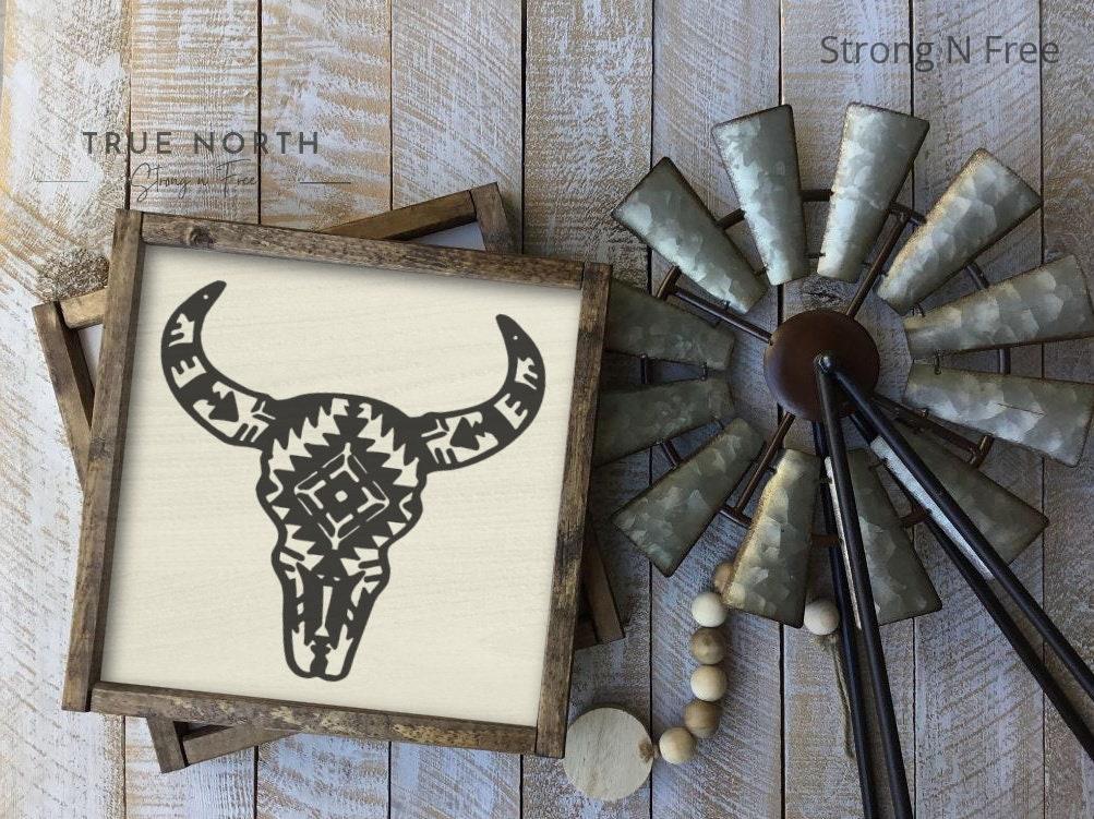 Aztec Bull Wood Sign | Boho Decor | Country Farmhouse | Bathroom Sign | Western Decor | Cow Head | Rustic | Bull Head | Cowboy Decor |