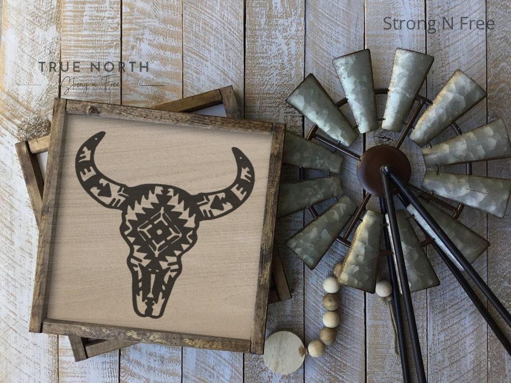 Aztec Bull Wood Sign | Boho Decor | Country Farmhouse | Bathroom Sign | Western Decor | Cow Head | Rustic | Bull Head | Cowboy Decor |