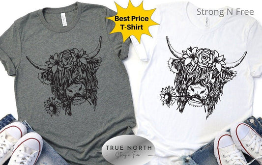 Highland Cow T Shirt for Men and Women - Animal Kingdom Gift Featuring Longhorn Cow .