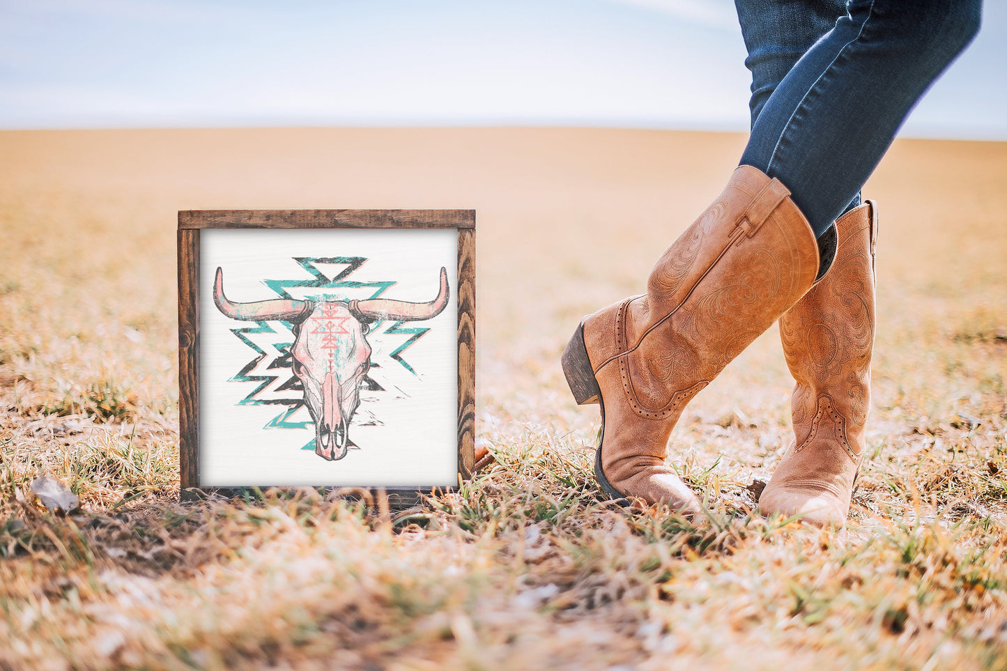 13" Framed Aztec Cow skull Western Decor - Farmhouse Boho Decor - Cowboy Style