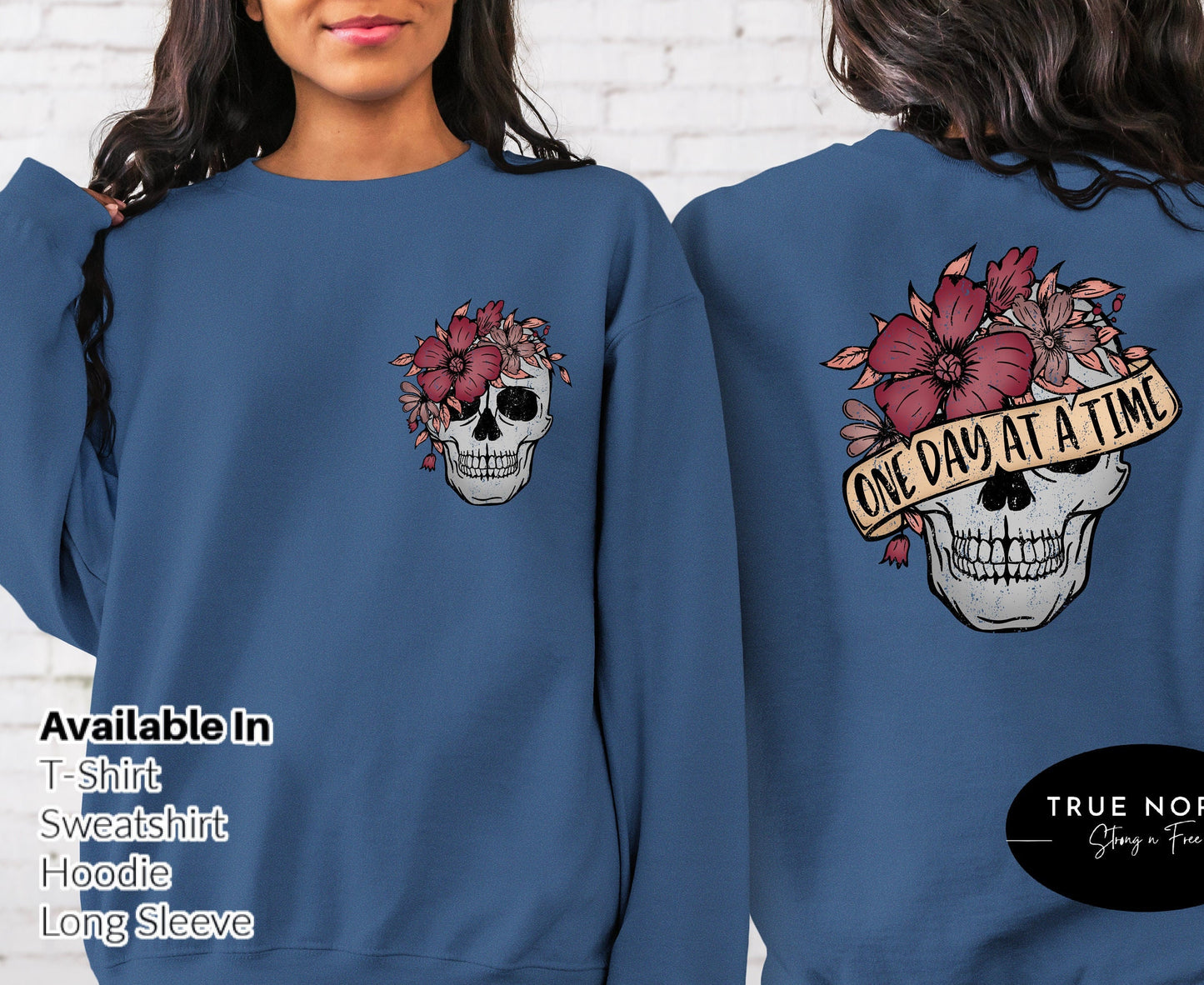 One Day At a Time Gothic Skull Tee, Skull Bloom Flowers, Floral Tshirt, Mental Health T-shirt, Positivity Tee .