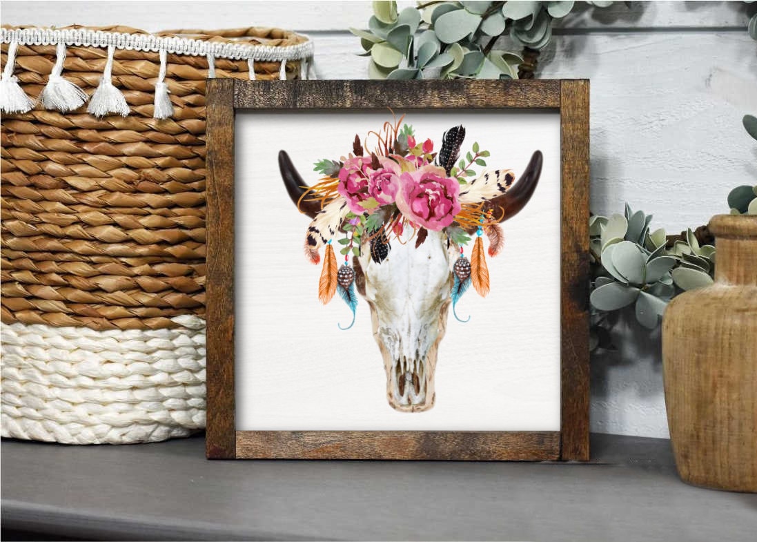 13" Framed Cow Skull Aztec Southwestern Solid Wood Sign Western Farmhouse Boho Home Decor Birthday Gift