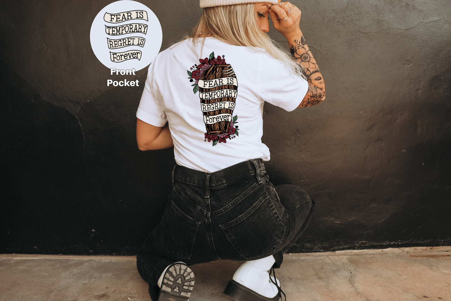 Fear Is Temporary T-Shirt, Regret Is Forever Tshirt, Flower Skull Tee, Motivational Clothing, Skeleton Design, Pocket Design .