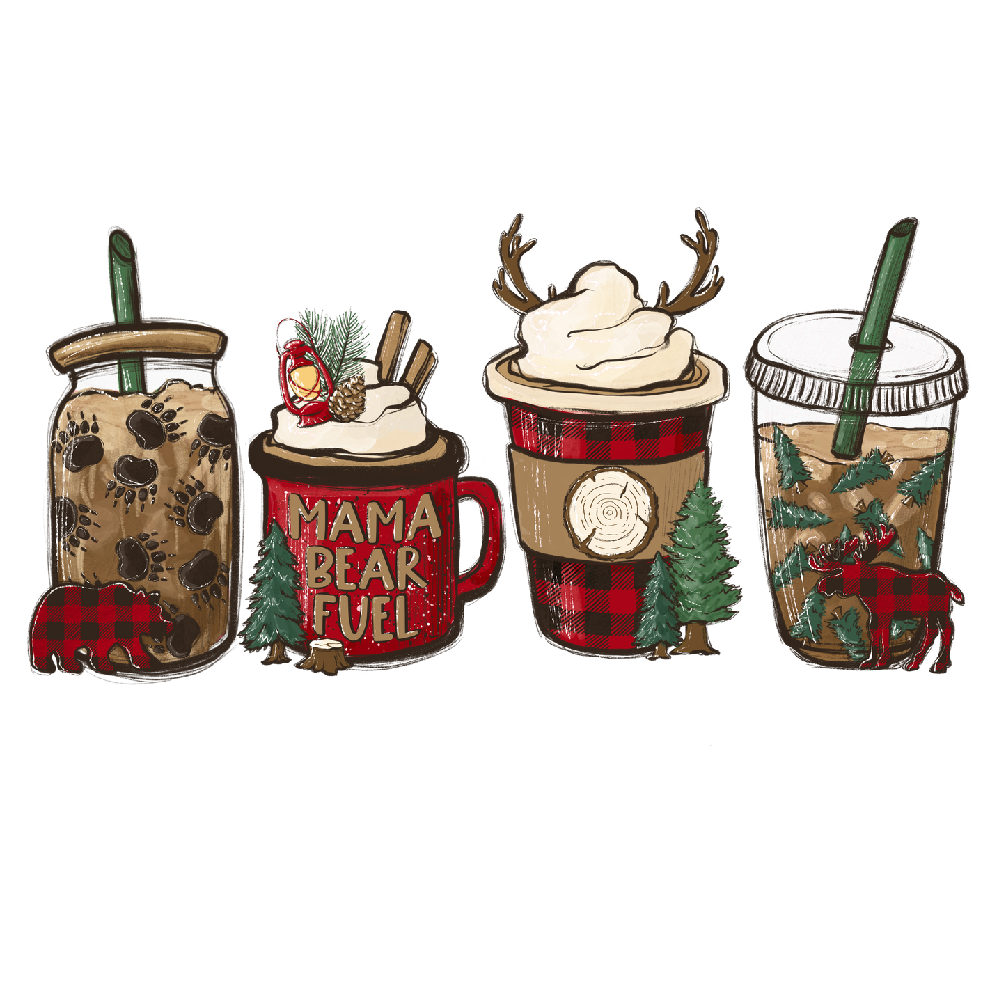 DTF Transfer Mama bear Lumberjack coffee red and black iced latte bear 11" Wide