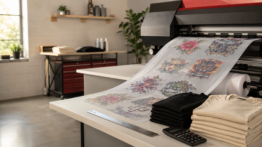 Professional Canadian DTF transfer production studio with printed transfer film and blank T-shirts