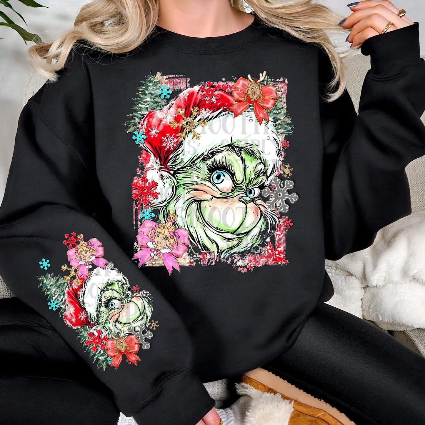 Sweatshirt Hoodie – Christmas Grinch Watercolor with Sleeve Print