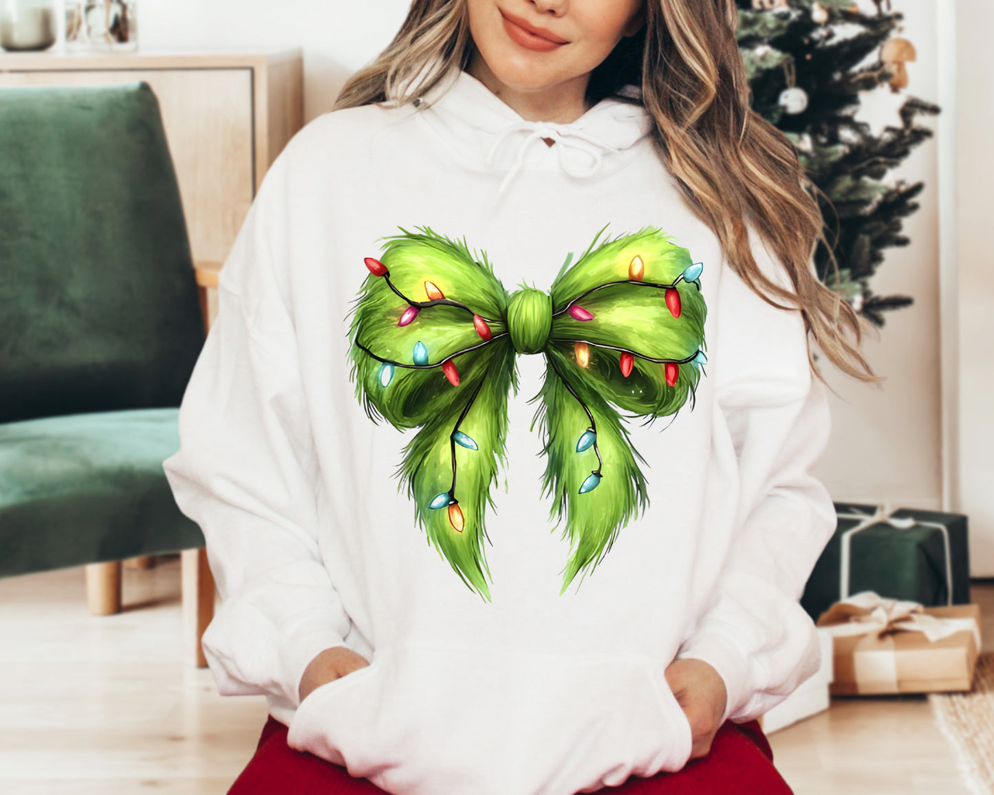 DTF Transfer Christmas Grinch Bow With Lights