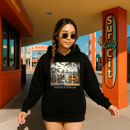 T-Shirt Crewneck Hoody – Welcome to Summerween (Chillin’ & Thrillin’ Skeleton Beach Scene)