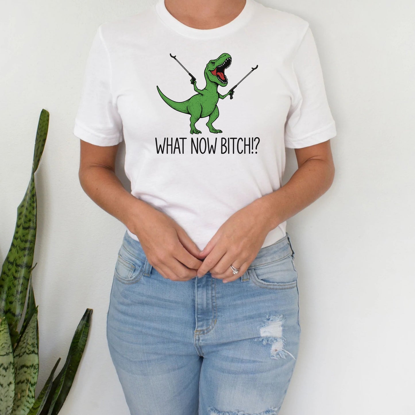 T-Shirt Sweatshirt Crewneck Funny T-Rex – What Now Bitch!? Dinosaur with Grabbers