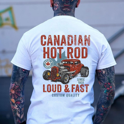 T-Shirt Sweatshirt Crewneck Canadian Hot Rod – Loud & Fast Vintage Car Graphic with Maple Leaf