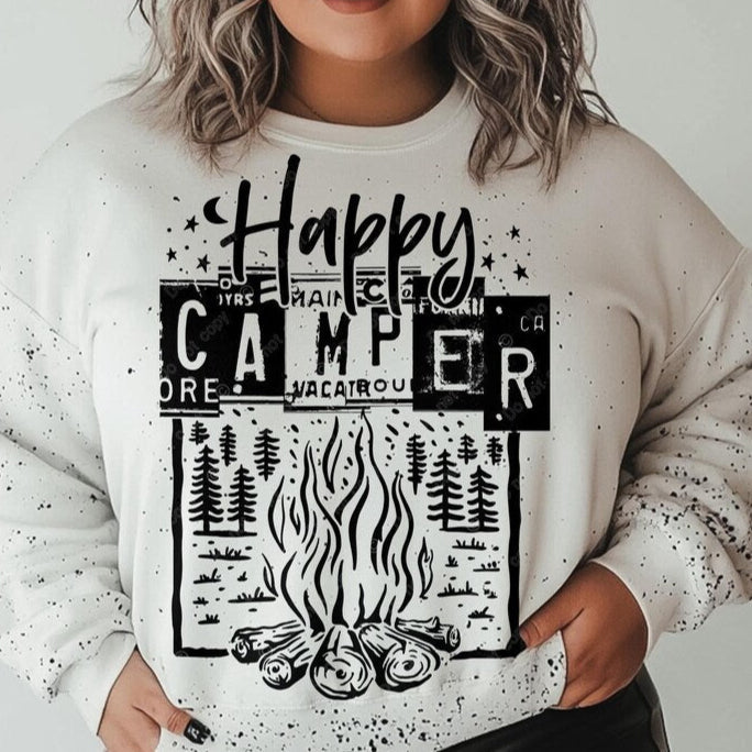 T-Shirt Sweatshirt Crew Happy Camper - Rustic Outdoor Adventure Design