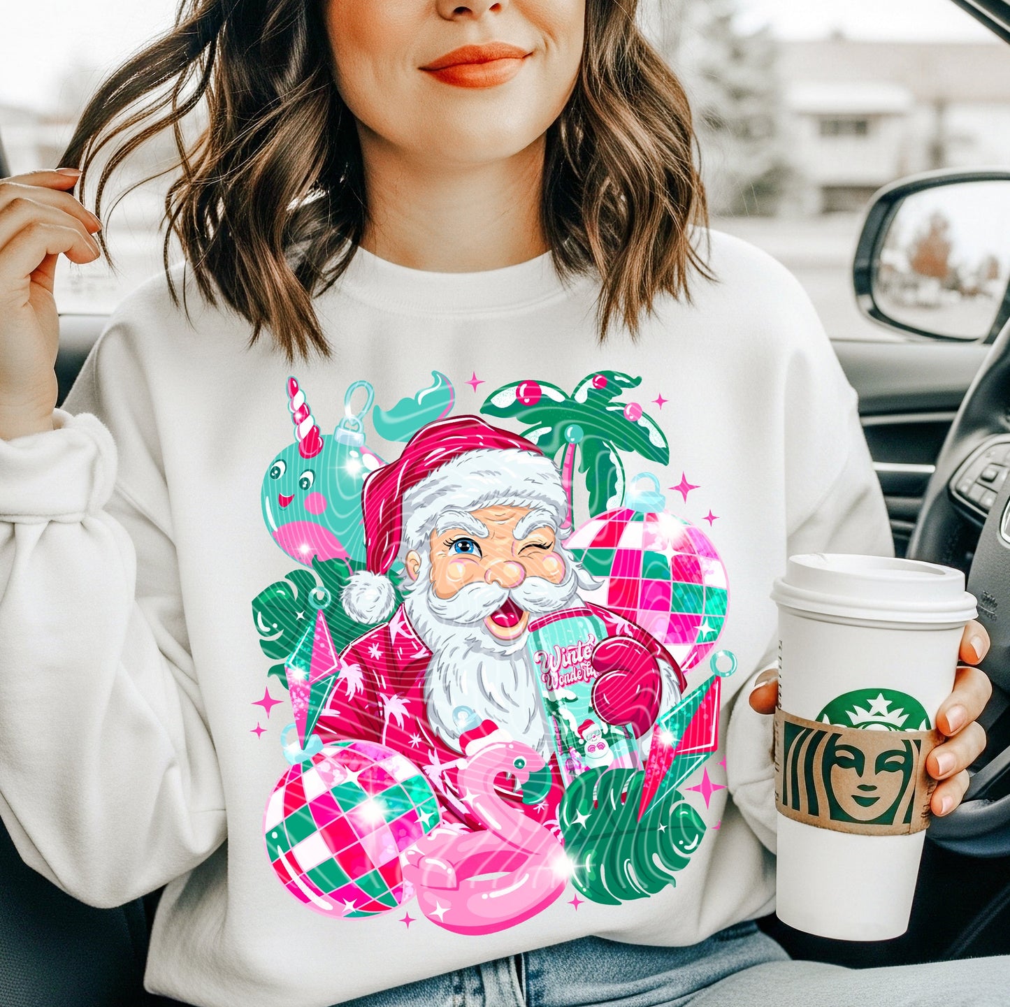 T-Shirt Crewneck Winking Santa Tropical Christmas Print