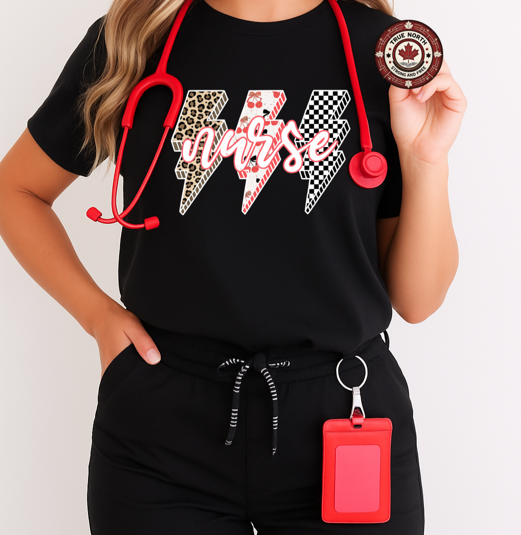 DTF Transfer Nurse Bolt – Red Leopard Checker Print