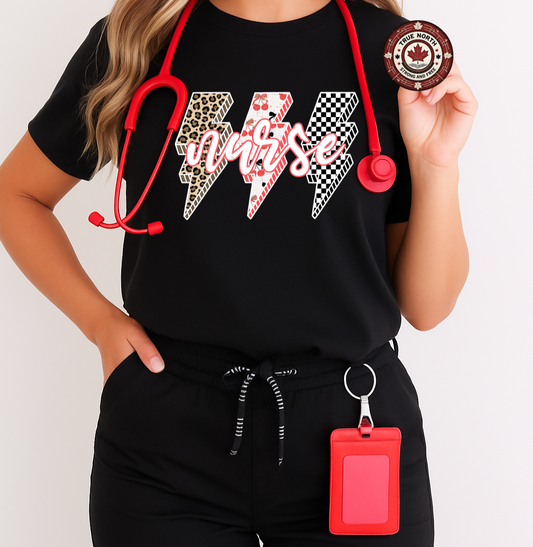 DTF Transfer Nurse Bolt – Red Leopard Checker Print