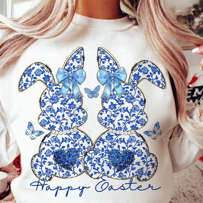 T-Shirt Sweatshirt Hoodie Happy Easter - Blue Floral Bunny Design