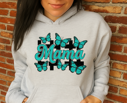 T-Shirt Crewneck Hoody Mama Teal Butterflies – Checkerboard Western Graphic