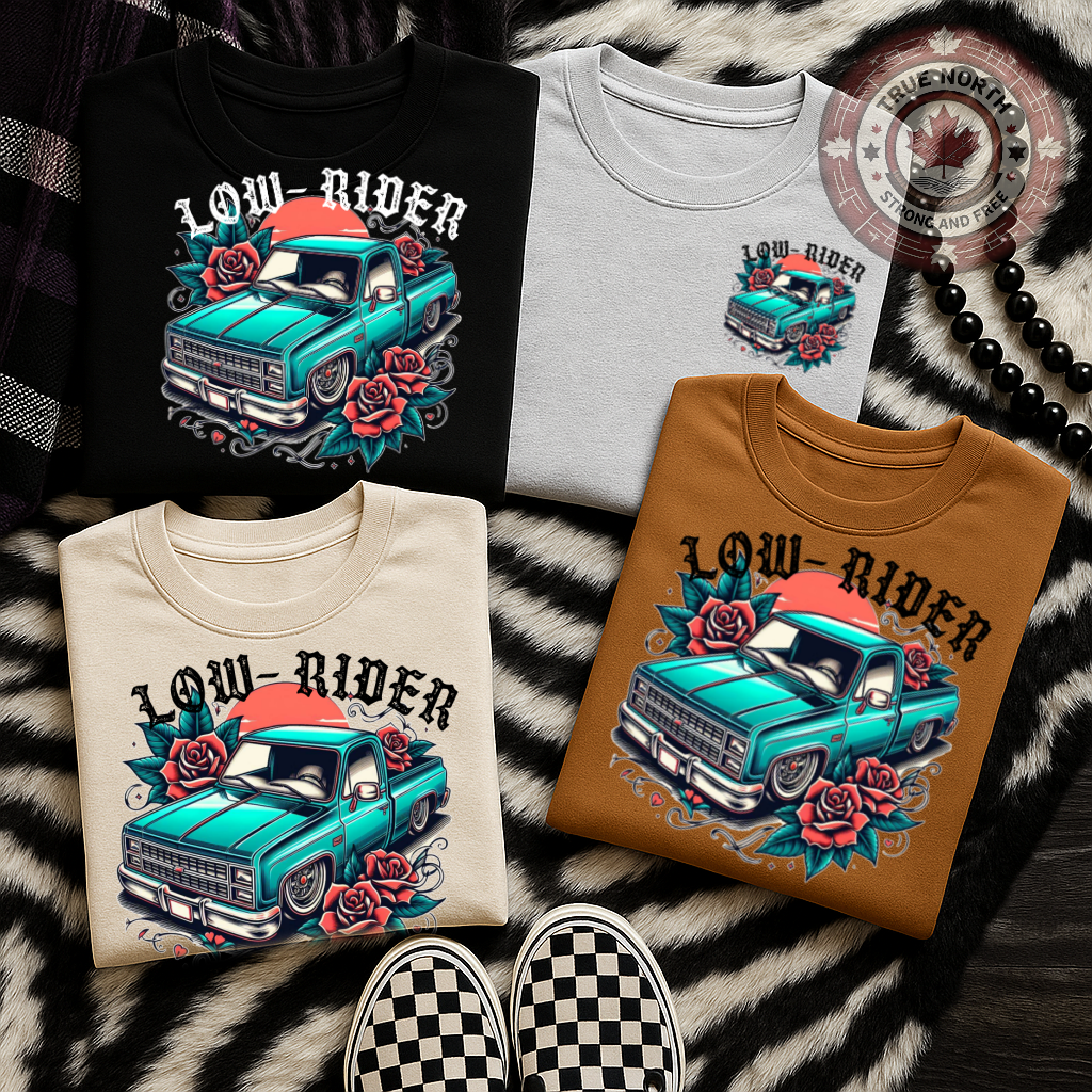 DTF Transfer Low Rider Truck with Roses – Retro Teal Pickup Design