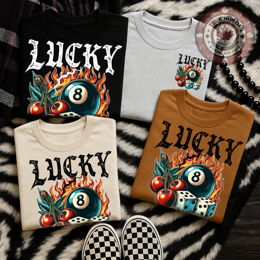 DTF Transfer Lucky 8 Ball with Flames, Cherries & Dice – Vintage Tattoo Style Design