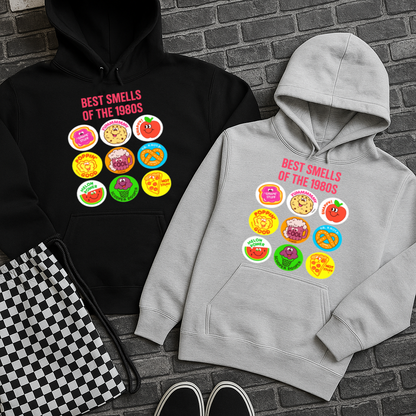T-Shirt Hoody Crewneck – Vintage 80s "Best Smells of the 1980s" Retro Sticker Collage
