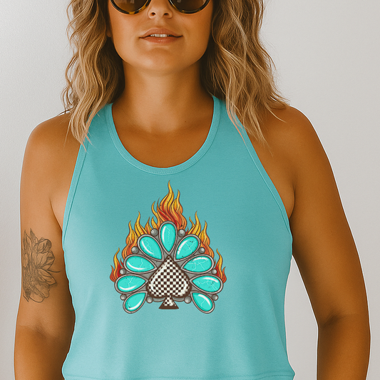T-Shirt Or Crewneck Hoodie – Turquoise Spade & Flames with Checkered Center Western Rock Vibe
