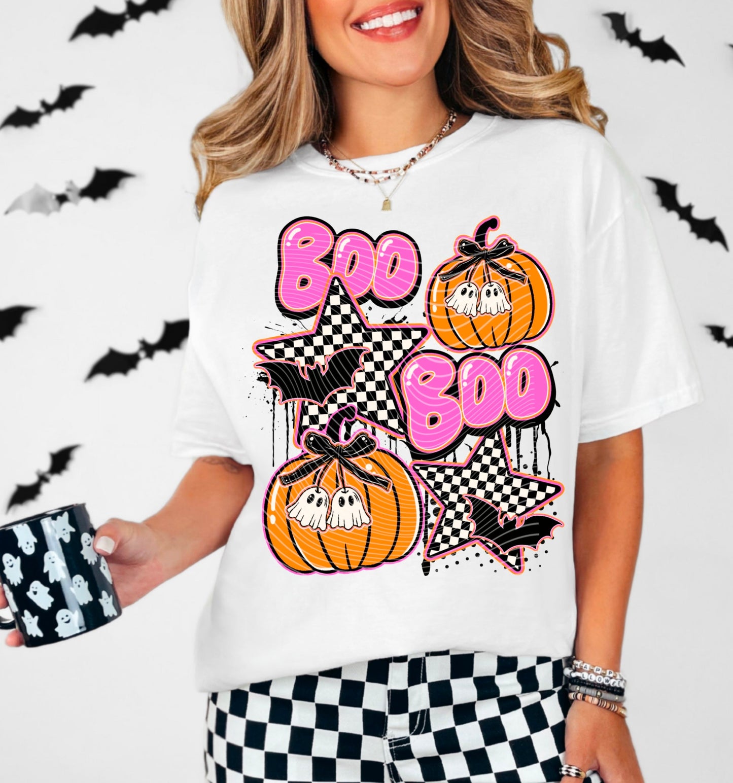 T-Shirt Hoody Boo Ghosts & Pumpkins – Pink Retro Halloween
