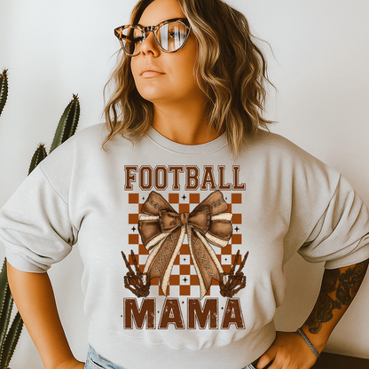 T-Shirt Crewneck Hoody – Football Mama Bow with Checkered Background & Skeleton Hands