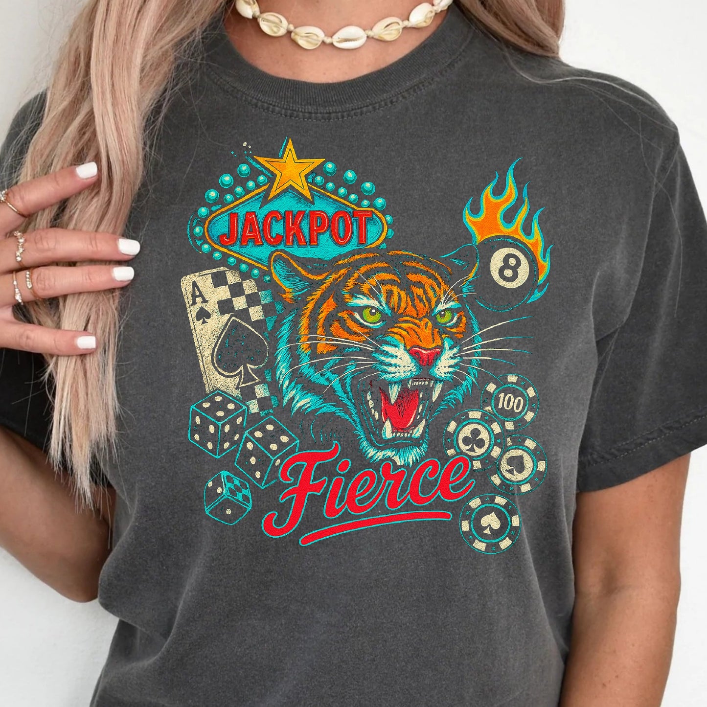 DTF Transfer Fierce Jackpot Tiger – Casino Dice, Flames & Retro Vegas Style