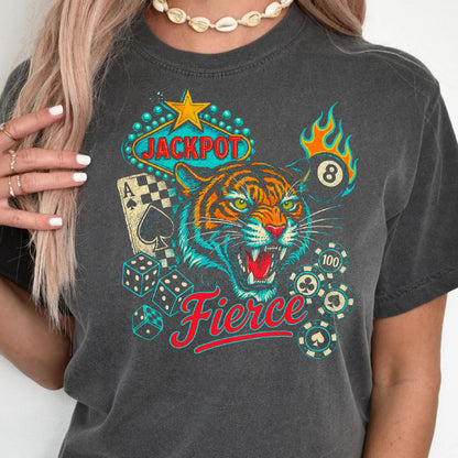 DTF Transfer Fierce Jackpot Tiger – Casino Dice, Flames & Retro Vegas Style
