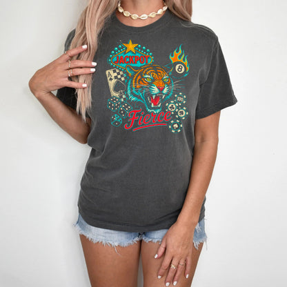 DTF Transfer Fierce Jackpot Tiger – Casino Dice, Flames & Retro Vegas Style