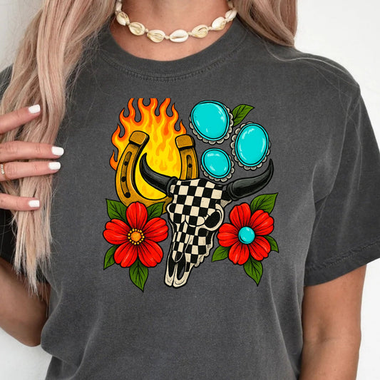 DTF Transfer Cowgirl Skull – Checker Bull, Flames, Horseshoe & Turquoise Conchos