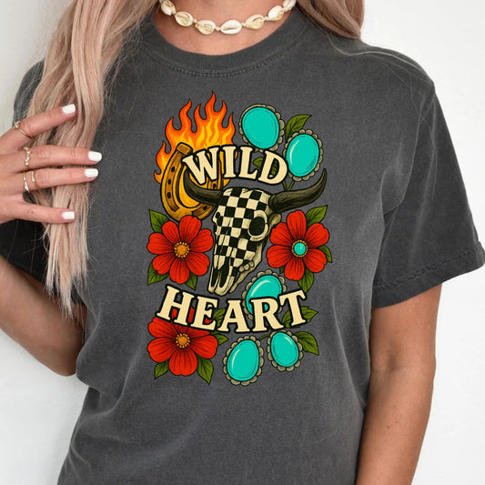 DTF Transfer Wild Heart – Western Cowgirl Checker Skull with Turquoise & Floral Flames
