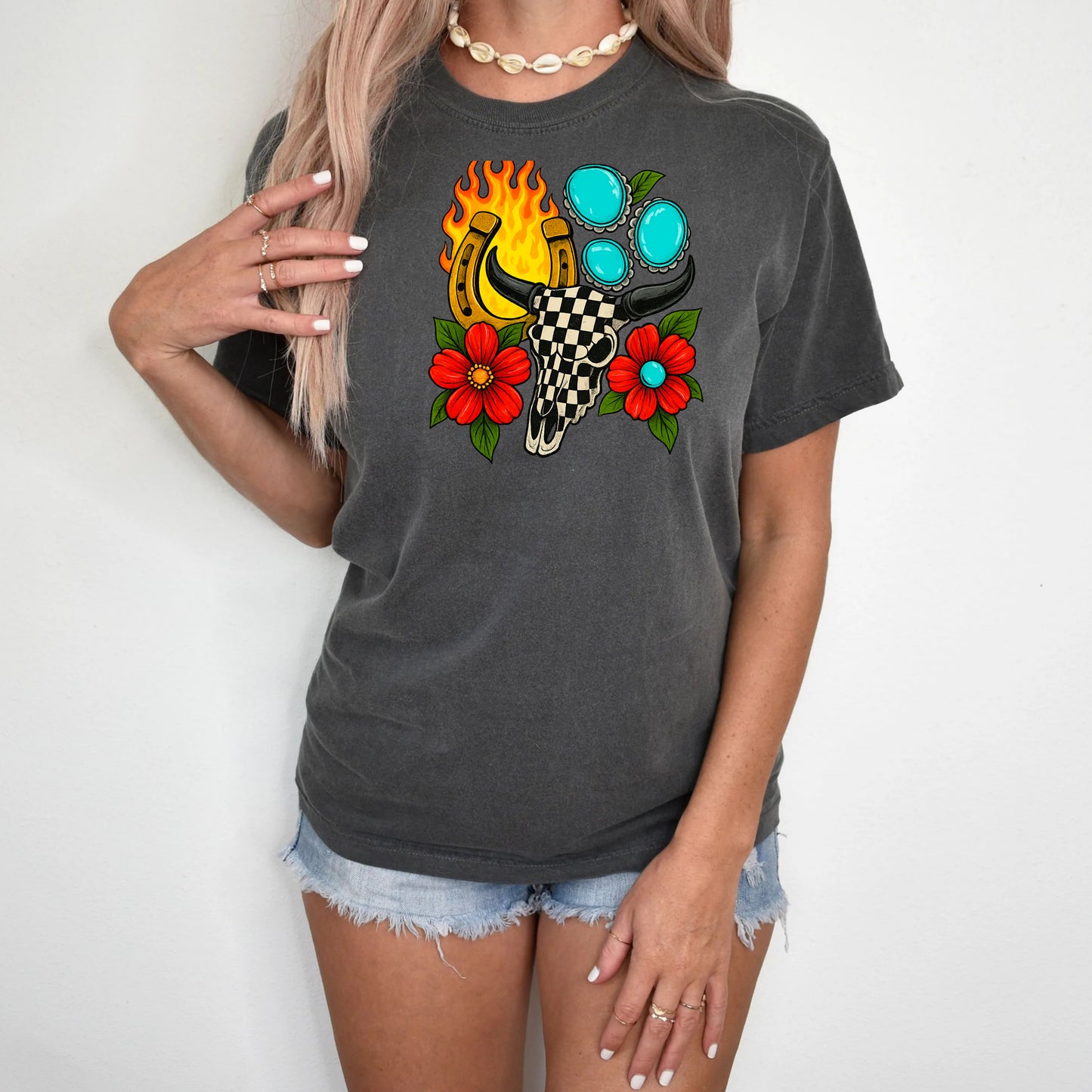 DTF Transfer Cowgirl Skull – Checker Bull, Flames, Horseshoe & Turquoise Conchos