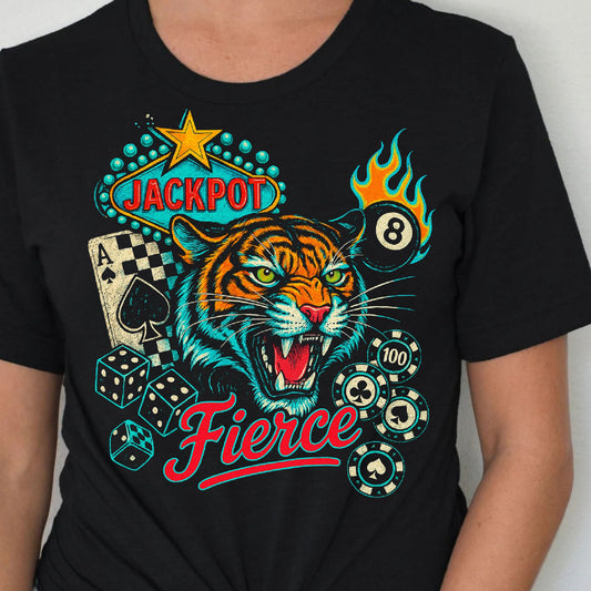 DTF Transfer Fierce Jackpot Tiger – Casino Dice, Flames & Retro Vegas Style