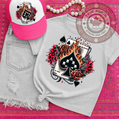 DTF Transfer Flaming Ace of Spades – Tattoo Rose & Leopard Print Card Design