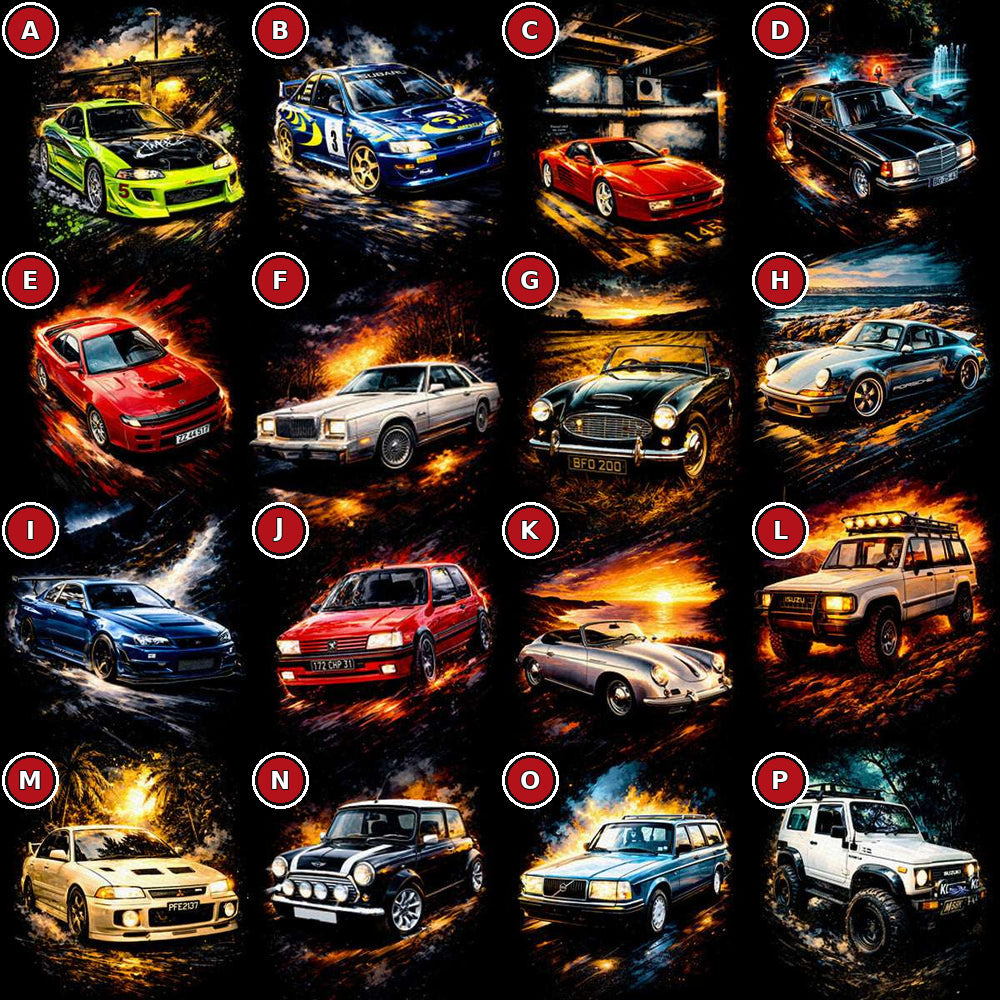 Classic timeless cars halftone DTF transfer selection guide A to P