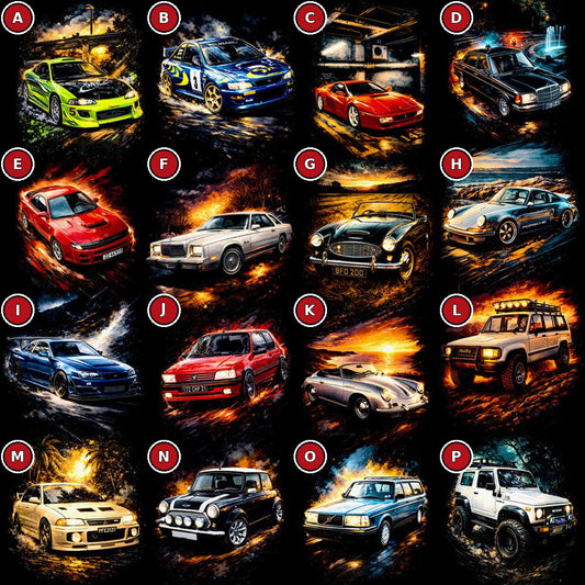 Classic timeless cars halftone DTF transfer selection guide A to P