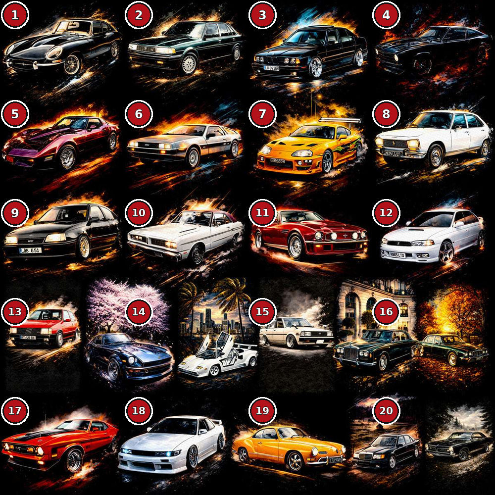 Classic cars DTF transfer selection guide designs 1 to 20