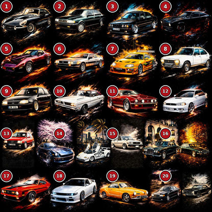 Classic cars DTF transfer selection guide designs 1 to 20