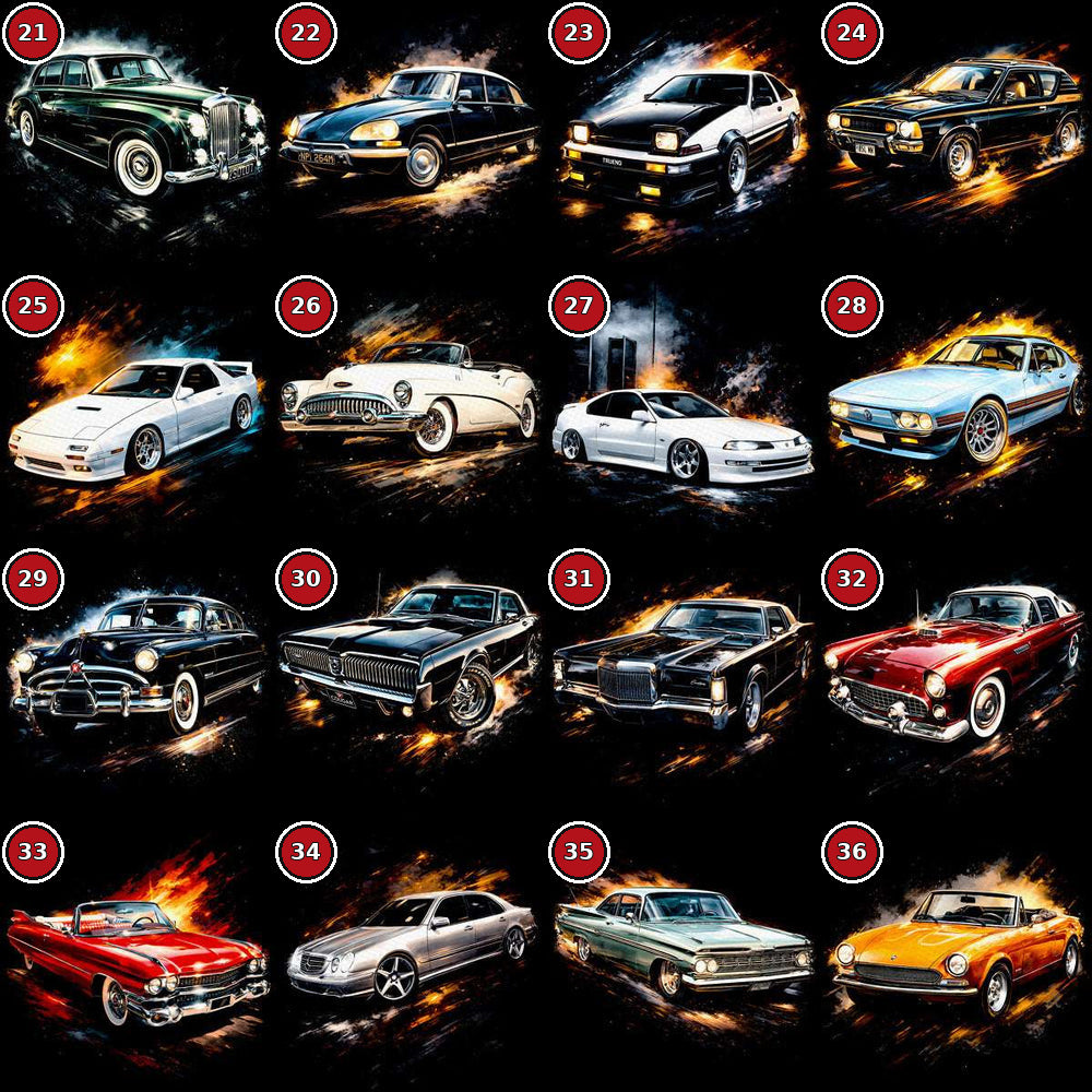 Classic cars DTF transfer selection guide designs 21 to 36