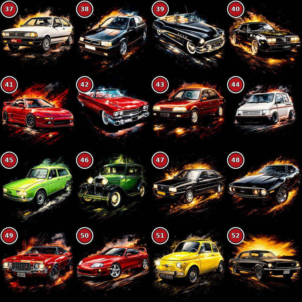 Classic cars DTF transfer selection guide designs 37 to 52