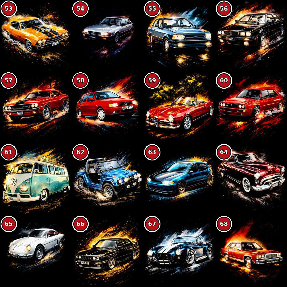Classic cars DTF transfer selection guide designs 53 to 68